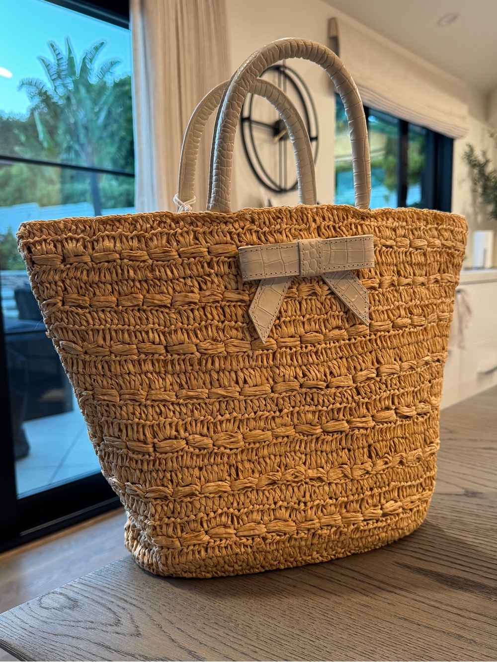 Pamela Munson Woven Straw Tote Bag with Leather Bow Accent
